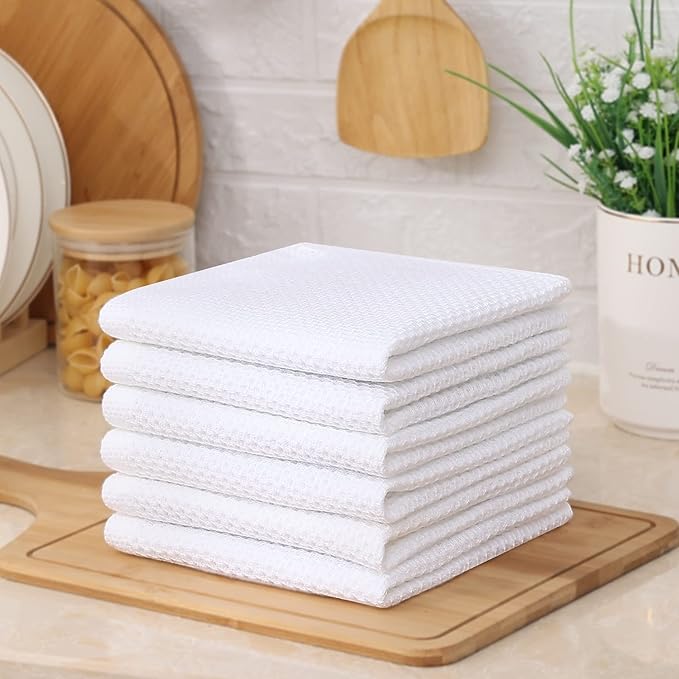 Kitinjoy 100% Cotton Kitchen Dish Cloths, 12 Pack Waffle Weave Ultra Soft Absorbent Dish Towels for Drying Dishes Quick Drying Kitchen Towels Dish Rags, 12 X 12Inch, White
