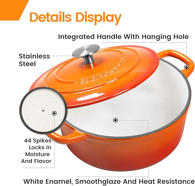EDGING CASTING Enameled Cast Iron Dutch Oven, 5.5 Quart, Round Cast Dutch Ovens Pot with Lid Dual Handle for Bread Baking, Oven Safe up to 500°F, Orange