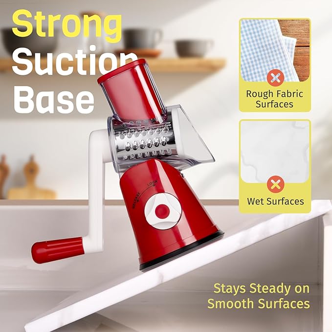 Rotary Cheese Grater Hand Crank, 3 Blades Slicer Shredder, Cheese Grater for Kitchen, Multi-Functional Kitchen Tool for Vegetables, Nuts, Chocolate, with Strong Suction Base, Red