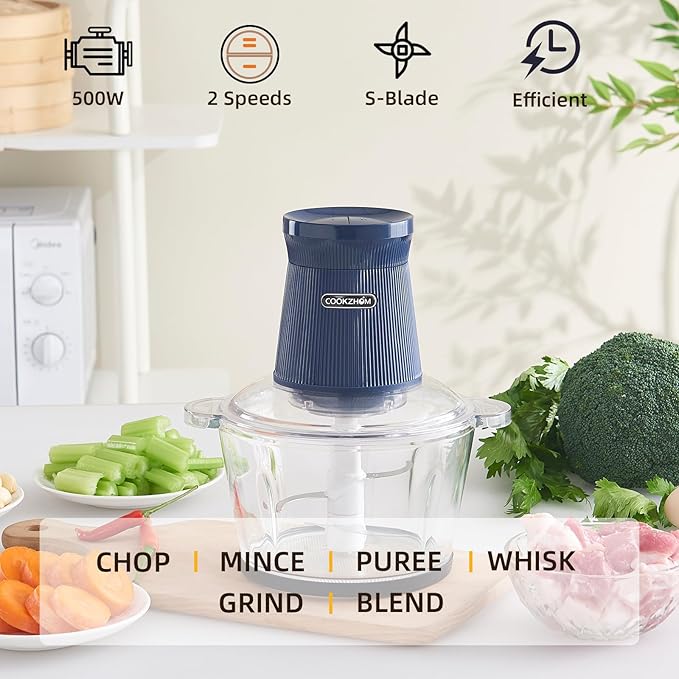 COOKZHOM 500W Food Processor, Blue Meat Grinder with Glass Bowl 8 Cup, Electric Food Chopper with 2 Sharp Blade Sets for Meat, Fruits, Vegetables, Baby Food, Nuts, 2 Speed