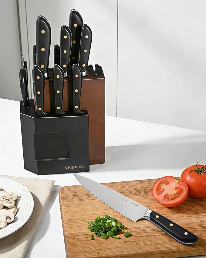 14-Piece Knife Block Set, High-Carbon Stainless Steel Dishwasher Safe Kitchen Knives Detachable Knife Holder, Includes Chef's, Santoku, Bread & Steak Knives (black)
