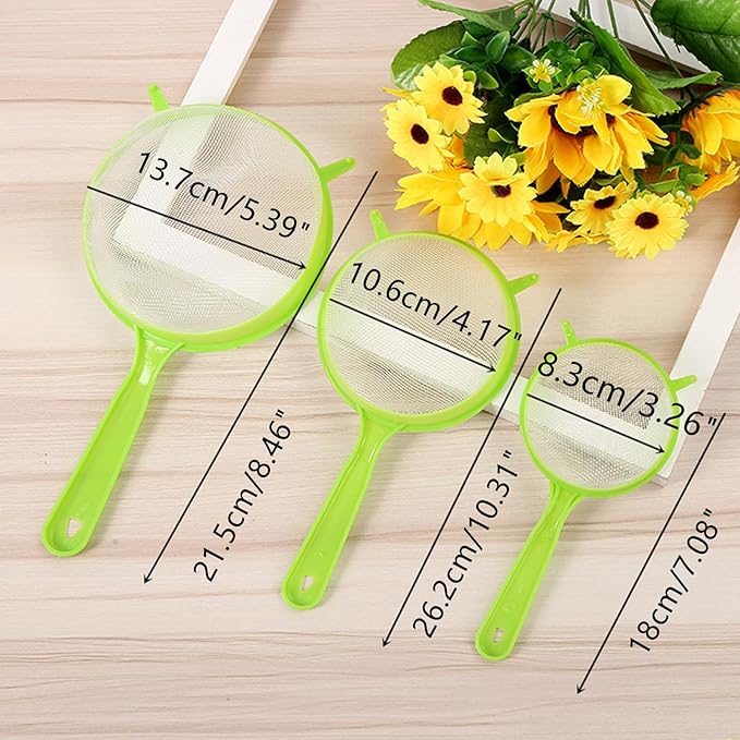 3 Packs Fine Mesh Strainers Plastic Colander Sieve Sifters Reusable Coffee Filter with Long Handle Kitchen Tools for Kitchen Rice Juice Quinoa Food Flour Baking, Green