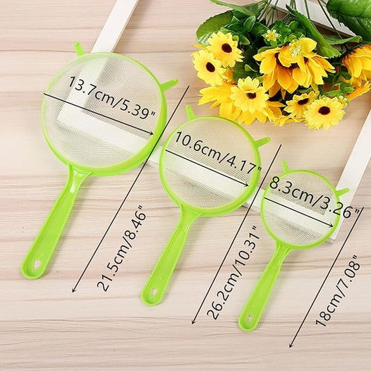 3 Packs Fine Mesh Strainers Plastic Colander Sieve Sifters Reusable Coffee Filter with Long Handle Kitchen Tools for Kitchen Rice Juice Quinoa Food Flour Baking, Green