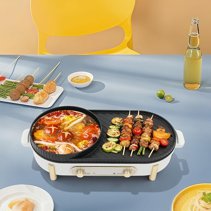 2-in-1 Hot Pot with Grill,1700W Electric BBQ Pan Grill and Hot Pot with Lid, Oval Shabu Shabu Pot with Grill Plate, 110V Tabletop Mandarin Duck Pot with Temperature Independent Control for 3-8 Person