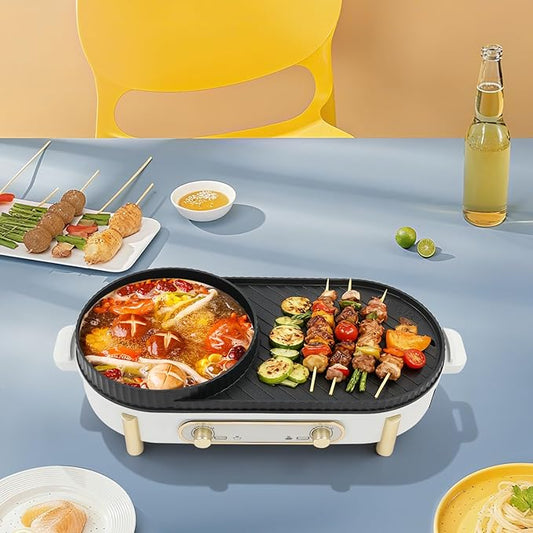 2-in-1 Hot Pot with Grill,1700W Electric BBQ Pan Grill and Hot Pot with Lid, Oval Shabu Shabu Pot with Grill Plate, 110V Tabletop Mandarin Duck Pot with Temperature Independent Control for 3-8 Person