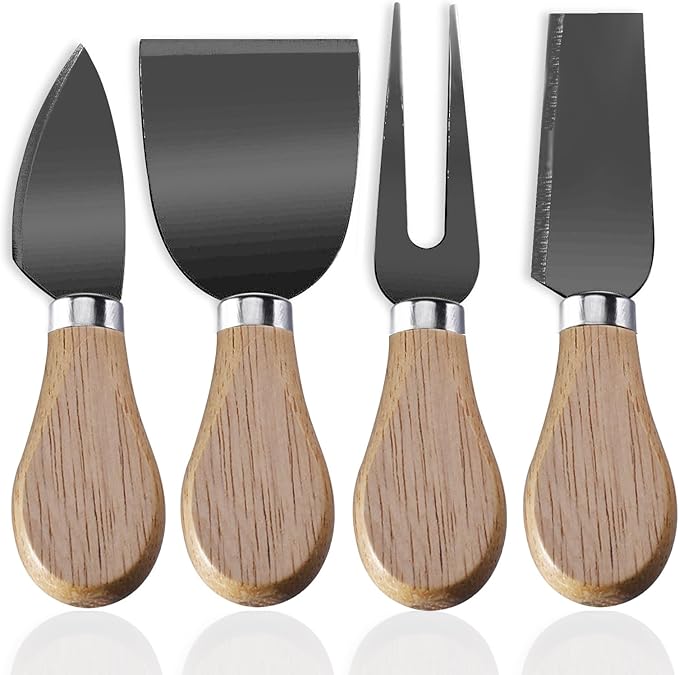 4-Piece Set of Stainless Steel Cheese Knives with Wood Hand, Including Cheese Slicer and Cheese Cutters, Essential Cheese Tools for the Kitchen (Oak handle, Black)