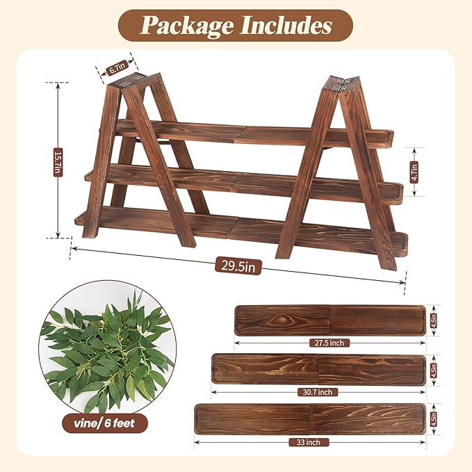 Wooden 3-Tier Cupcake Stand with Removable Trays & Vine Decoration — Foldable Party Display Serving Ladder with Platter for Cake, Snacks, Fruits, Chips, Bread