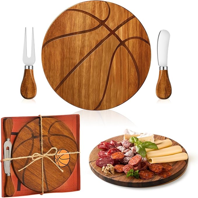 Ziliny Basketball Cheese Board Gift Set Party Favor Prizes Charcuterie Wood Board with Knives and Box Father Day Gift for Dad Grandpa Party Tournament Game(7.9"x 7.9", Acacia Color)