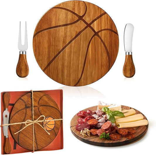 Ziliny Basketball Cheese Board Gift Set Party Favor Prizes Charcuterie Wood Board with Knives and Box Father Day Gift for Dad Grandpa Party Tournament Game(7.9"x 7.9", Acacia Color)