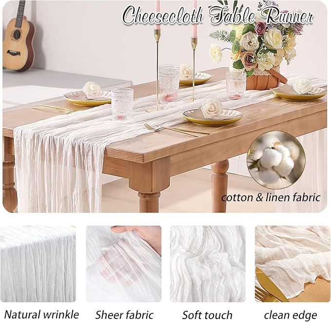 White Cheesecloth Table Runner 1 Pack 35" Boho Gauze 120 inches Long Runner Rustic Sheer Fabric Bulk for Baby Shower Wedding Bridal Birthday Party Picnic Table Decorations
