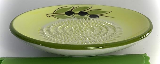 All-in-one Premium Ceramic Garlic Grater Plate 4-Piece Set - Yellow Olive Design, Classic Style - For Garlic, Ginger, Chocolate, and more! - Comes with 5.25" Plate, Peeler, Brush, and Stand