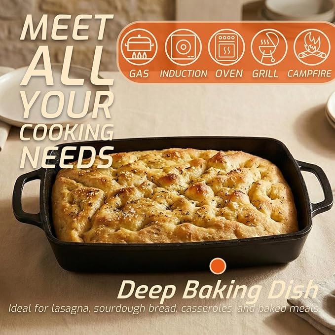 IPROUDER 2-in-1 Pre-Seasoned Cast Iron Casserole Dish with Skillet Lid, Cast Iron Dutch Oven, Rectangular Baking Pan, Baking Dish for Lasagna, Sourdough Bread,13"x9"