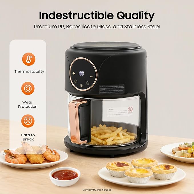 4.4 Quart Air Fryer, 1200W Glass Air Fryer with 8-1 Preset Cook Modes, 360° Viewable Halogen Oven Countertop, Precise Temp Control & Time, Cook Shrimp, Steak, Fries, Wings, Chicken (Black)