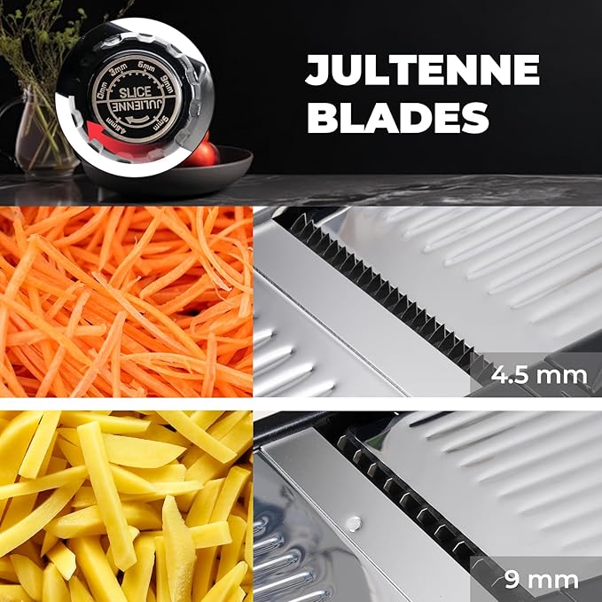 Adjustable Mandoline Slicer for Kitchen - Stainless Steel Vegetable Slicer Julienne Cutter with Ultra Sharp Blades 5-in-1 Vegetable Shredder for Onion, Potato Chip, French Fry