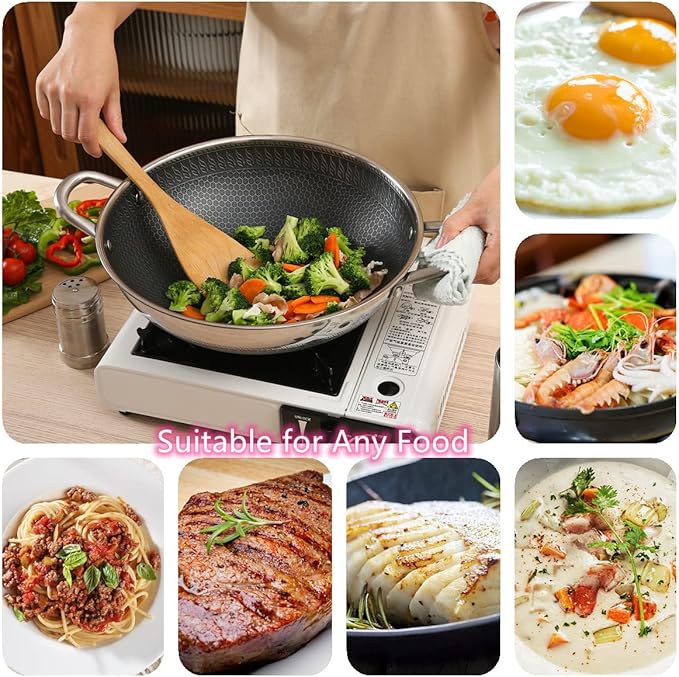 12.5Inch Stirfry Pan with Coating Stainless Steel Wok Pan with Nonstick Coating,Frying Pans, Stay-Cool Handle,Works with Gas, Electric, Ceramic Furnace Stove,Suitable for Home , Outdoor Camping