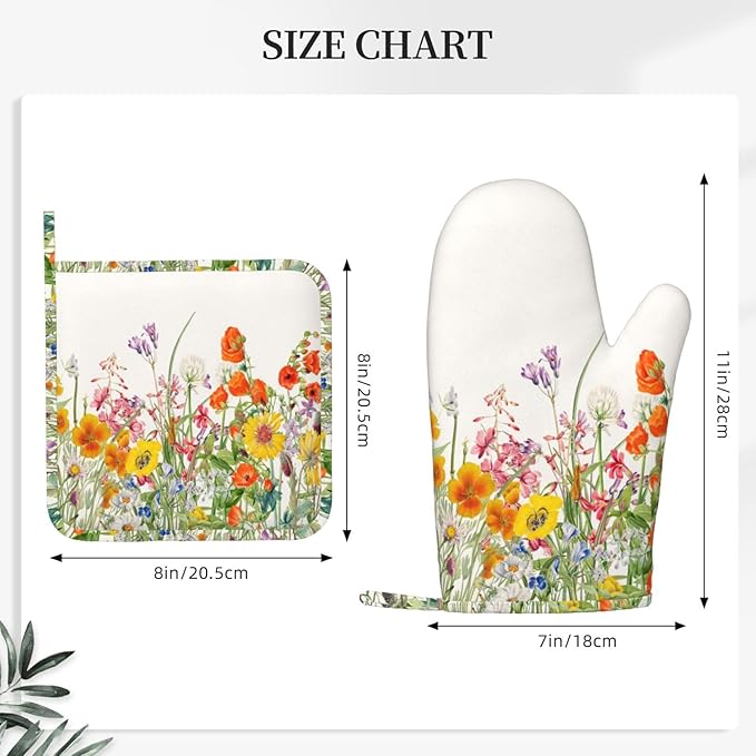 Colorful Floral Silicone Oven Mitts and Pot Holders Sets Vintage Botanical Floral Plant Kitchen Mitts Potholder Kitchen Accessories for Cooking Baking BBQ
