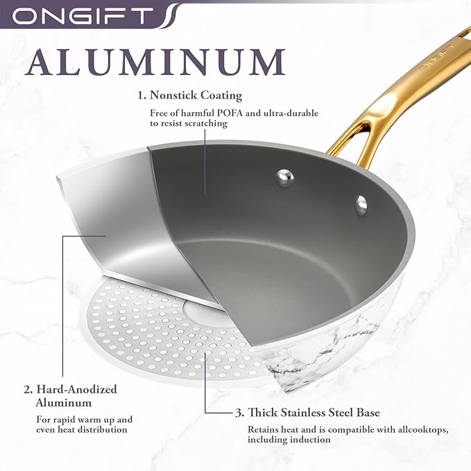 ONGIFT Frying Pan Nonstick Set 2 Piece, 8＆10 Inch Skillet Easy to Clean, Kitchen Fry Pan without PTFE & PFOA, Compatible with All Stovetops, Lightweight and Durable, Marble White