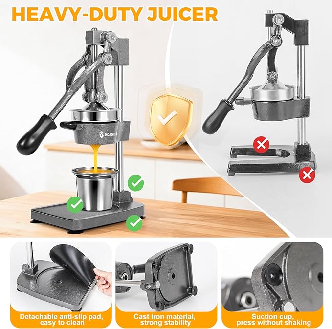 Cast-Iron Hand Press Citrus Juicer, Heavy-Duty Fruit Squeezer with Stainless Steel Cup, Easy-to-Clean Manual Citrus Press for Orange, Lemon, Lime, Grapefruit & Pomegranate (Silver)