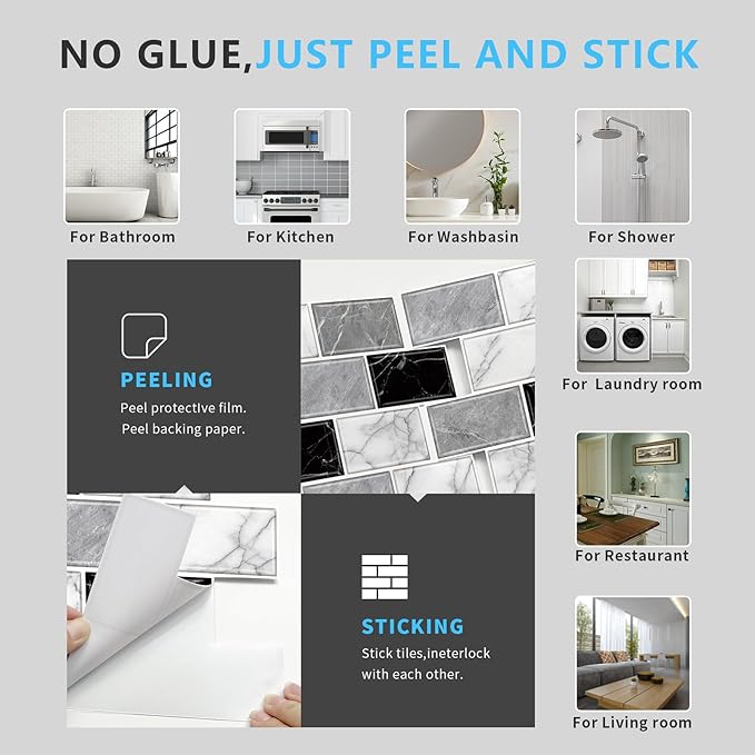 URCOLOR 10-Sheet Back Splashes for Kitchens Peel and Stick,12"x12" Self Adhesive Stick on Backsplash for Bathroom Black White Grey Marble Look