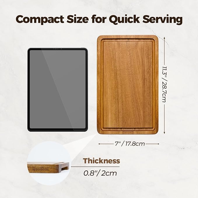 RosiRoli Small Acacia Wood Cutting Board for Kitchen - 11.5"x7" Compact Tablet-Sized Chopping Board, Mini Charcuterie, Steak & Brunch Serving Tray with Juice Grooves & Handles, Ideal Gift for Foodies