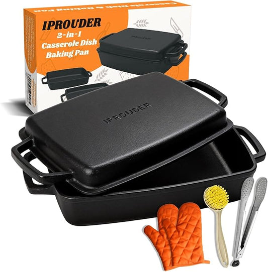 IPROUDER 2-in-1 Pre-Seasoned Cast Iron Casserole Dish with Skillet Lid, Cast Iron Dutch Oven, Rectangular Baking Pan, Baking Dish for Lasagna, Sourdough Bread,13"x9"