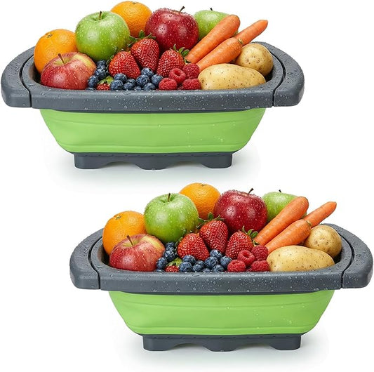 2 Pack Collapsible Colander Strainer, 6 Quart Over the Sink Colander with Ergonomic Non-Slip Handles, Durable Silicone Strainer for Veggies Fruits Pasta, Dishwasher Safe Space-Saving Kitchen Essential