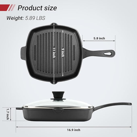 Northriver Casting 10.5 Inch Cast Iron Square Grill Pan with Tempered Glass Lid, Heavy Steak & Bacon Pans for Stove Tops