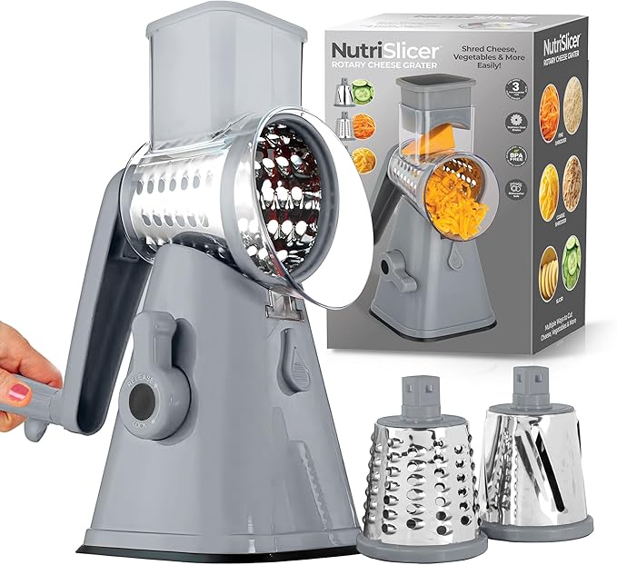 EMSON Rotary Cheese Grater Hand Crank, Stainless Steel Rotary Graters for Kitchen with 3 Blades, Vegetable Slicer, Cheese Shredder with Suction Cup Base, Dishwasher Safe - Gray