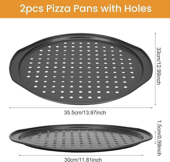 BSDLZCH 13 Inch Pizza Pan for Oven, 2 Pack Round Pizza Pan with Holes Non-sticking Carbon Steel Pizza Tray with Handles Pizza Baking Pan for Cooking and Grilling Oven Safe