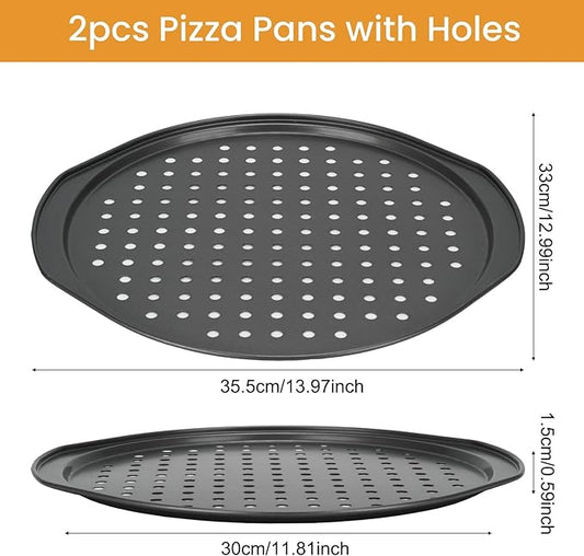 BSDLZCH 13 Inch Pizza Pan for Oven, 2 Pack Round Pizza Pan with Holes Non-sticking Carbon Steel Pizza Tray with Handles Pizza Baking Pan for Cooking and Grilling Oven Safe