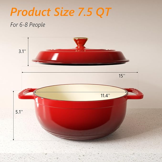 ROVSUN Enameled Cast Iron Round Dutch Oven, 7.5QT Pot with Lid &Dual Handles with Silicone Gloves,Oven Safe up to 500°F, Heavy-Duty Pre-Seasoned Cookware for Bread Baking, Braising, Stews, Roasting,Red