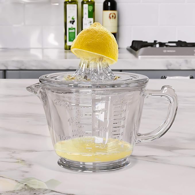 Glass 2-Cup Juicer (Clear) - Lemon and Lime Manual Squeezer, Citrus Reamer