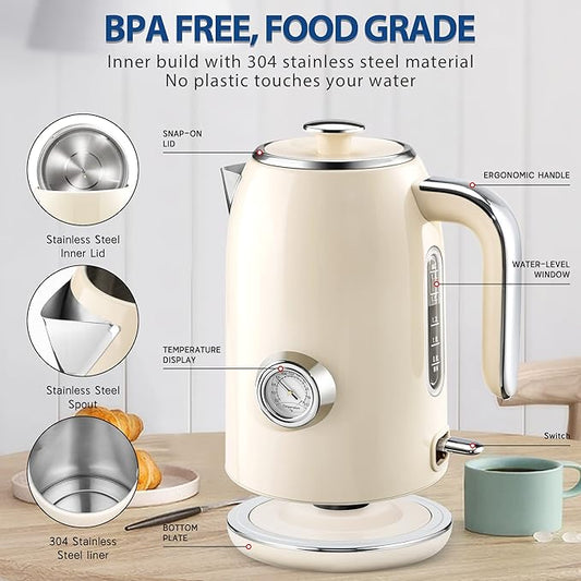 PUKOMC Electric Kettle, 1.7L Stainless Steel Tea Kettle with Temperature Gauge, 1500W Water Boiler with LED Light, BPA-Free, Auto Shut-Off and Boil-Dry Protection (Beige) Visit the Pukomc Store