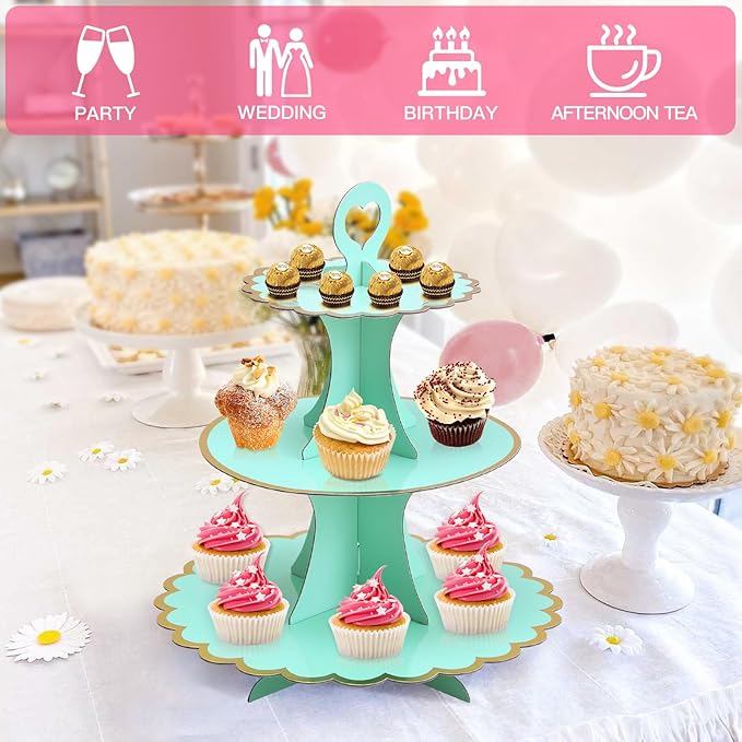 Soleebee 3-Tier Cupcake Stand, Cardboard Cupcake Tower, Cup Cake Stand Tower for Birthday Wedding Party Decoration, Cupcake Tier Stand Desserts Display 2 Set (Green Gold)