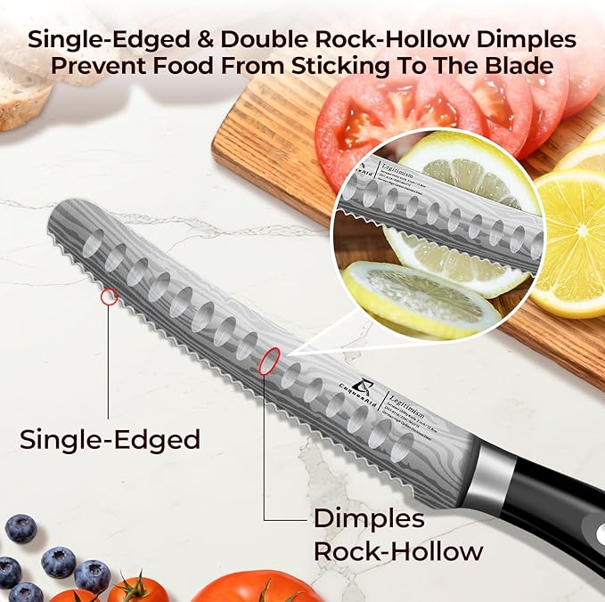Kitchen Utility Knife, 5 inch Serrated Ultra Sharp Blade, Paring knives, Round Tip Tomato Knife, Ergonomic Handle, Full Tang – Forged High Carbon German Steel, Ideal for Gift (Black)
