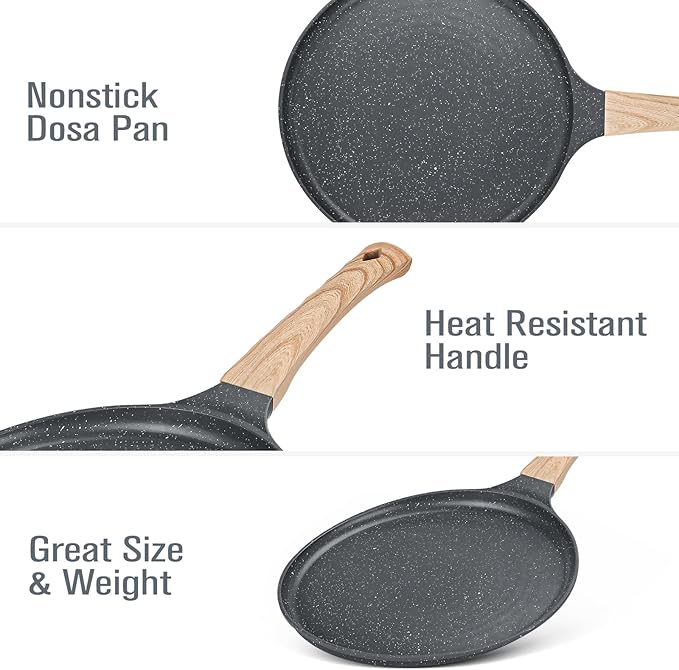 SouxMux Nonstick 9.7-Inch Crepe Pan with Spreader, Ceramic Coated Dosa Tawa Pan, Induction Compatible Flat Skillet for Pancakes, Omelettes, and More with Cool Handle, PFOA Free