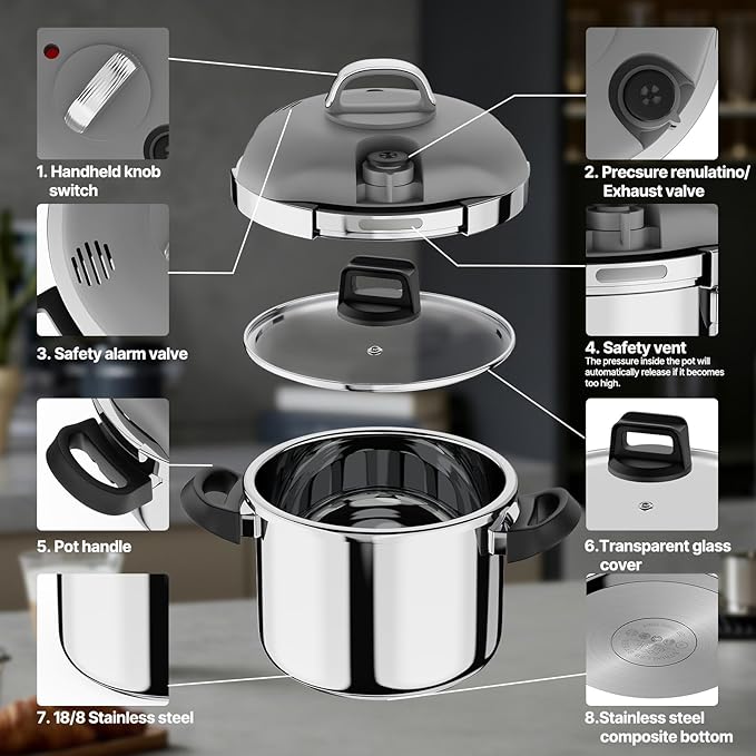 Kitlead Pressure Cooker Stainless Steel,One-Hand Locking/Rotating Lock,Compatible with Gas & Induction, Fast Cooking for Large Meals,Dishwasher Safe,Olla de Presion (7 Quarts)