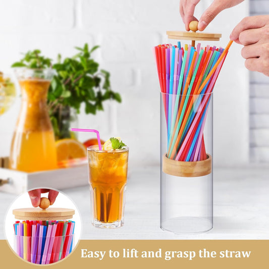 JYPS 10-Inch Acrylic Straw Dispenser with Bamboo Lid with 100 Colorful Straws, Transparent Counter Container Countertop Organizer for Kitchen, Office,Cabinet Storage, Holds Pencils, Cutlery
