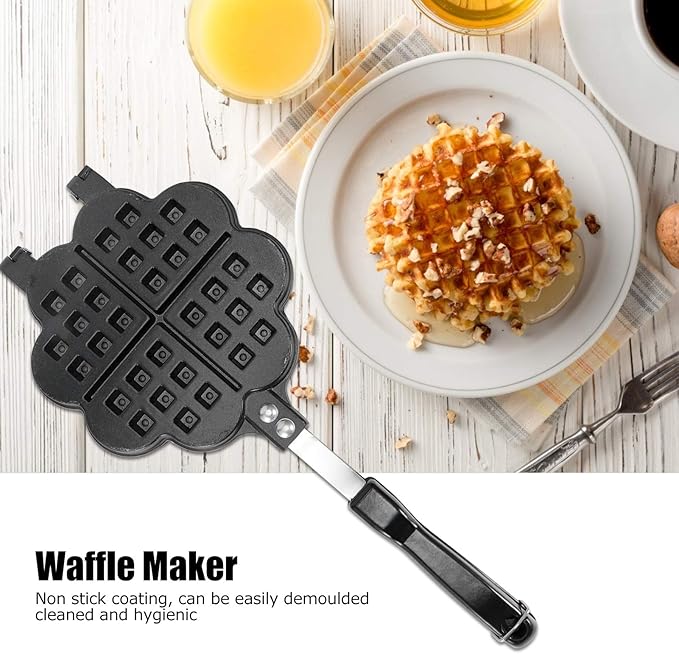 Waffle Maker, Aluminium Alloy Non Stick Stovetop Waffle Maker Pan with Long Handle Portable Cake Mold Baking Tray for Sandwich Breakfast Snacks