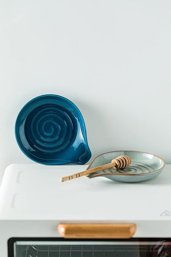 Spoon Holder, Ceramic Spoon Rest for Kitchen Counter Farmhouse Cooking, Large Utensil Rest for Spoons, Ladles, Tongs, Spatula, 5 Inches (Blue)