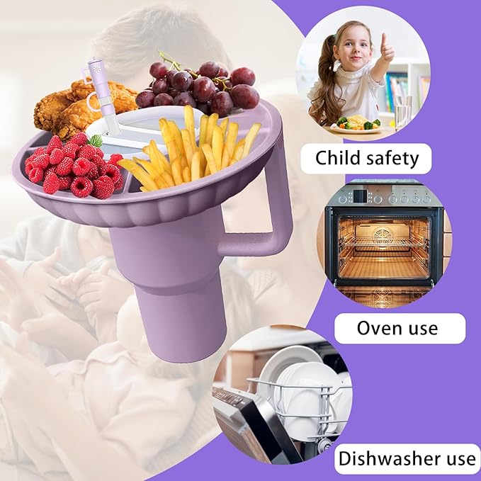 Stanley Snack Tray with Lid and Straw Covers Cap，Compatible with Stanley Cup 40 oz, Stanley Cup Accessories for Car Cup Holder, Home, Party,Outdoor，Silicone Snack Bowl Purple