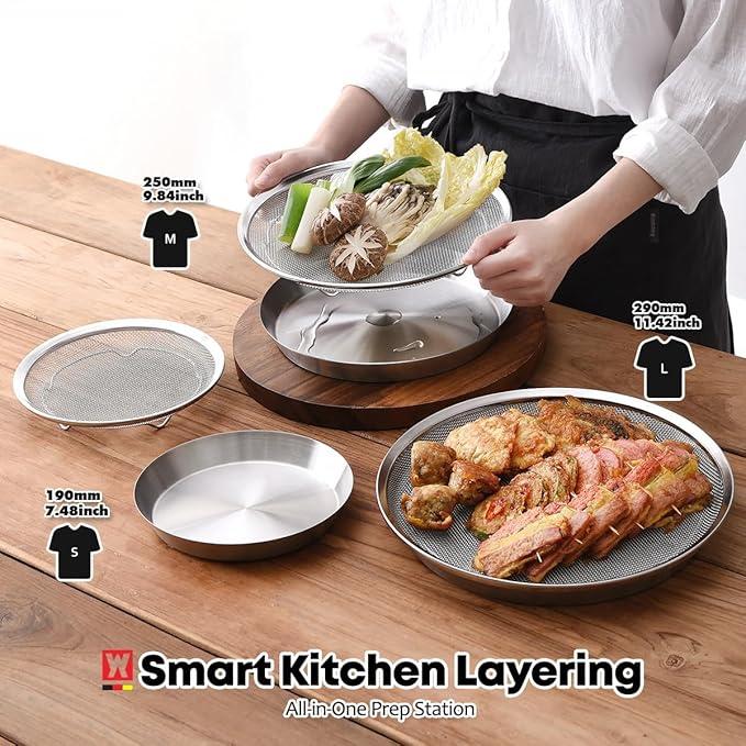 Stainless Steel Mesh Tray Set with Drip Pan, Air Fryer Basket and Tray, Kitchen Colander, Vegetable and Fruit Strainer, Food Filter, BBQ Prep Tool, Fruit Serving Dishes (9.84 inch)