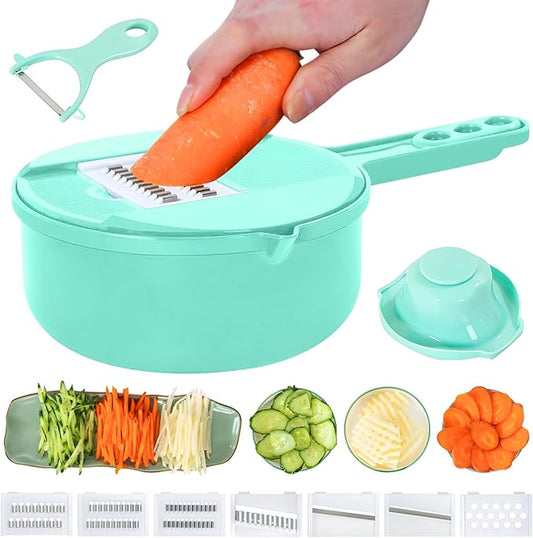 Mandoline Food Slicer, Multifunctional Vegetable Slicer Cutter with Hand Protector, Vegetable Shredder for Potato, Tomato, Carrot (Green-9 in 1)