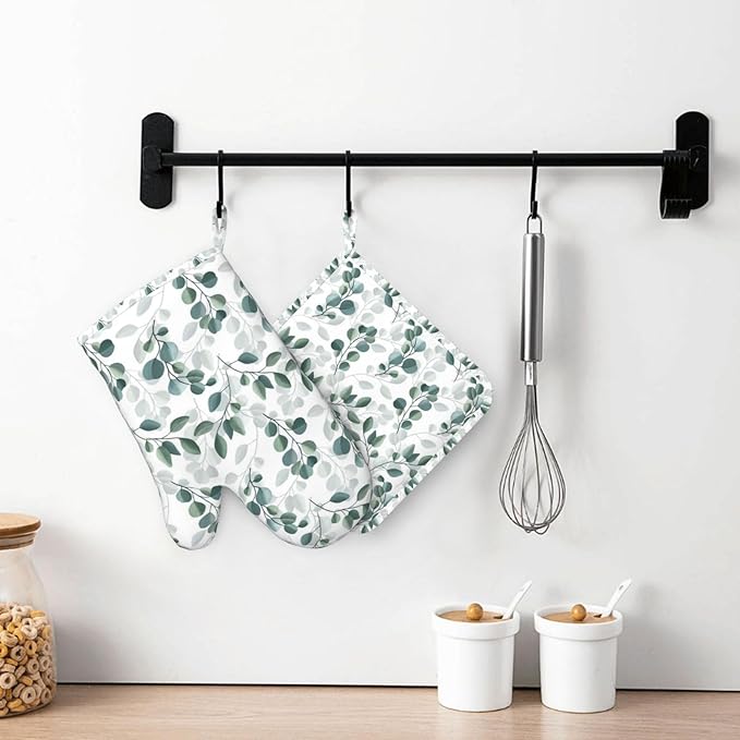 Green Eucalyptus Silicone Oven Mitts and Pot Holders Sets Green White Botanical Leaves Kitchen Mitts Green Leaf Plant Potholder Kitchen Accessories for Cooking Baking BBQ