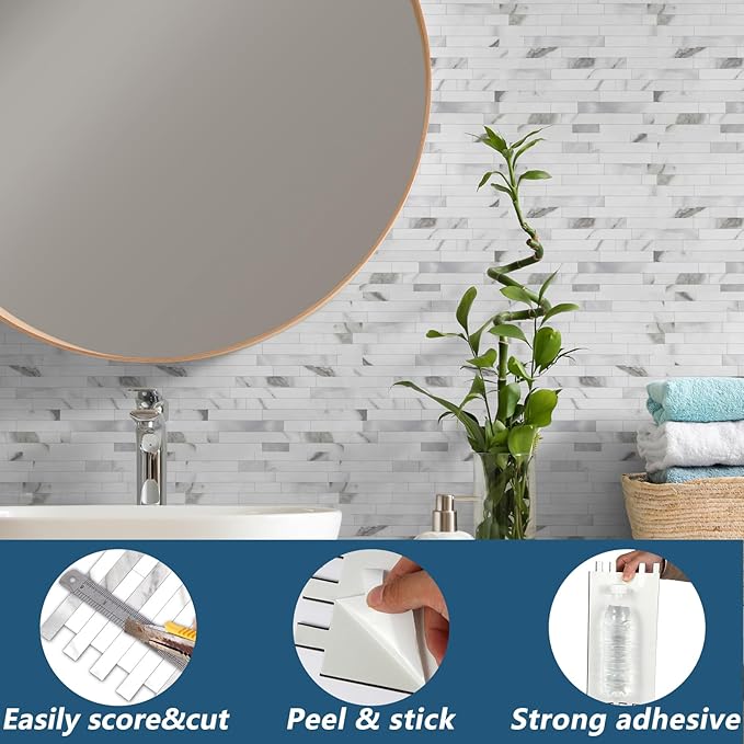 Yipscazo 10 Sheets Peel and Stick Stone Metal Backsplash, PVC Wall Tiles Stick on Tiles for Backsplash Kitchen, Bathroom, Fireplace (6'' X 12'', Marble White)