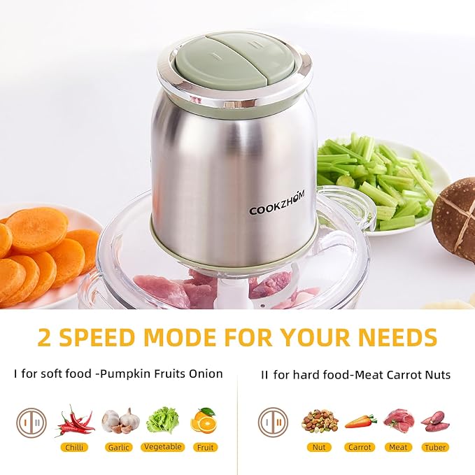 COOKZHOM Food Processor 8 Cup, 500W Electric Food Chopper,Meat Grinder with Glass Bowl and 2 Sharp Blades Set for Vegetable, Meat, Nuts, Functions for Chopping, Dicing, Mixing and Puree