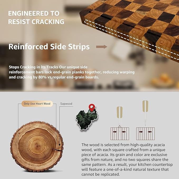 Acacia Wood Cutting Boards for Kitchen, Checkered Chopping Board with Juice Grooves & Handles, Large Butcher Block Serving Tray with Non‑Slip Feet, 14" × 11" × 1.5"