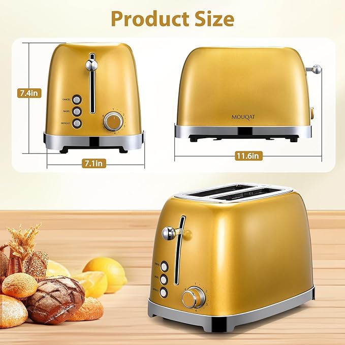 Mouqat Gold 2 Slice Toaster, Wide Slot Stainless Steel, 6 Shade Settings, Bagel, Defrost & Cancel Functions, Removable Crumb Tray, Different Toast Sizes, Cord Wrap, 825w