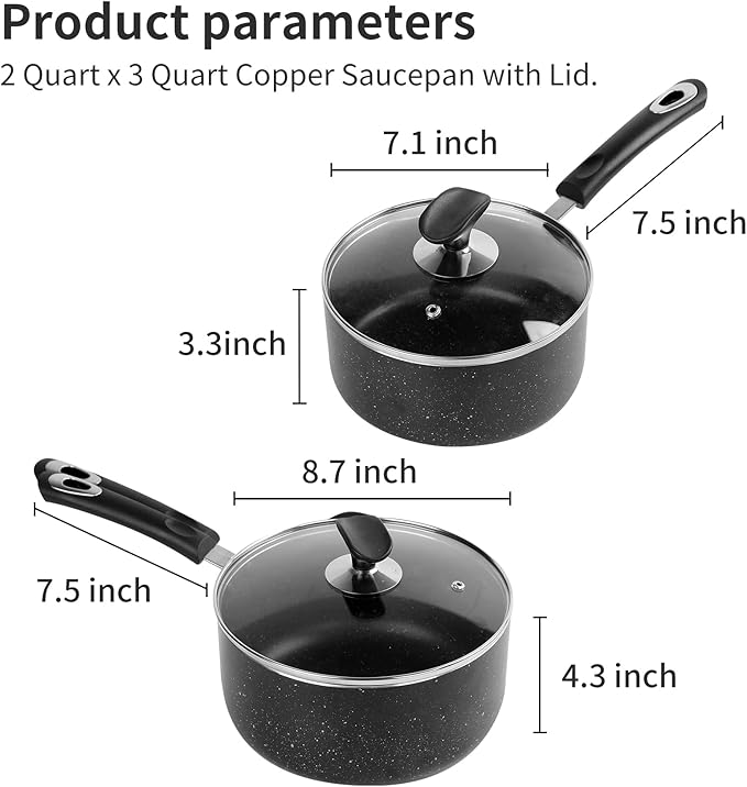 RATWIA Nonstick Saucepan Set - 2 Quart and 3 Quart,Ultra Non Stick Sauce Pan Small Pot with Glass Lid,Great for Home Kitchen Restaurant,Black