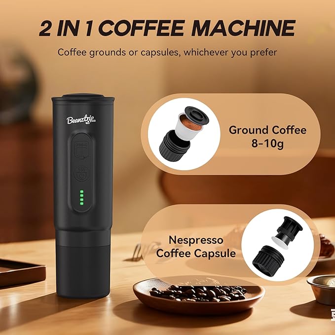 BeanzTrip H02 PRO Portable Espresso Machine, Travel Coffee Maker fits NS Capsule & Ground Coffee, Christmas Gift Camping Small Mini Coffee Machine with Self-heating, Electric Espresso Maker